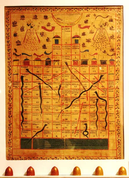 Gyan Chaupar, Late 18th Century Jain game board on cloth in the decorative arts gallery of the National Museum, India. (CC BY-SA 3.0)