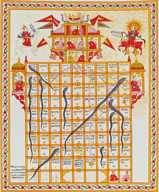 Jain version Game of Snakes & Ladders called jnana bazi or Gyan bazi, India, 19th century, Gouache on cloth. (Public Domain)